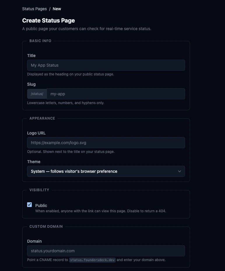 Creating a Status Page in FoundersDeck